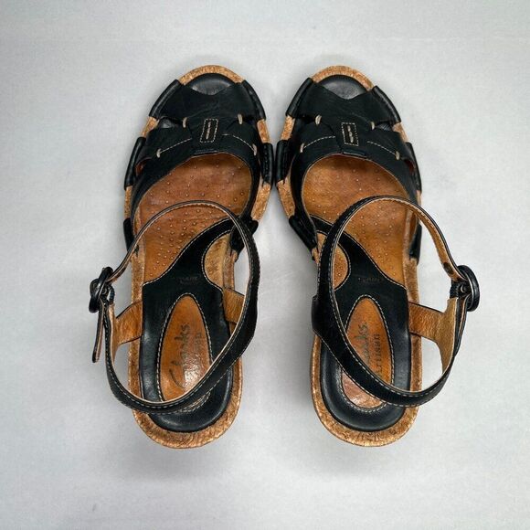 Clarks Artisan Sandals Women's Size 6 Black Leather Strappy Cork Wedge Heels - Picture 8 of 12